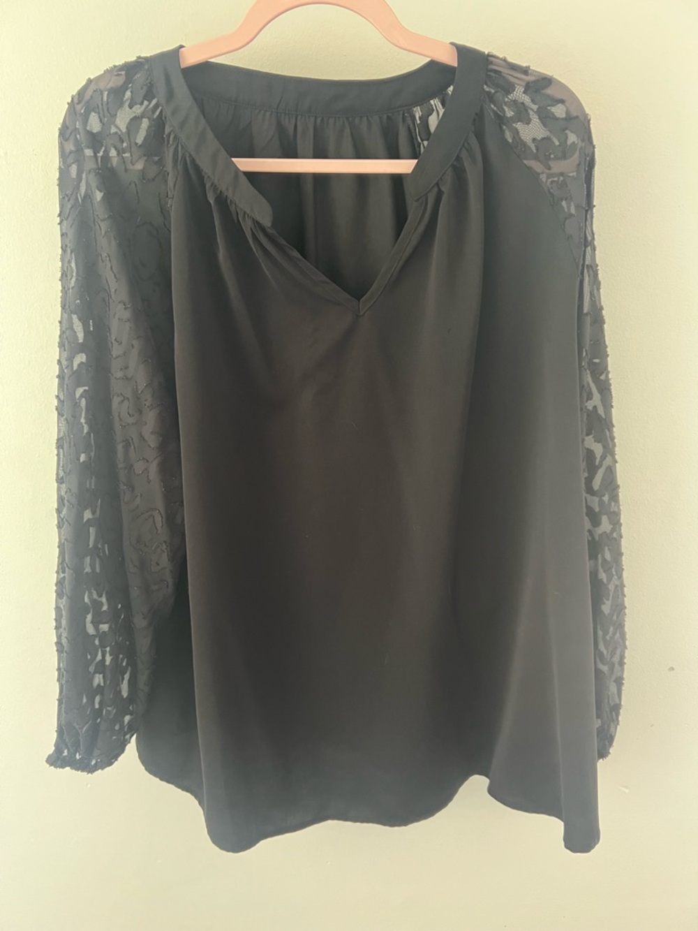 Women's Black Lace-Sleeve V-Neck Top